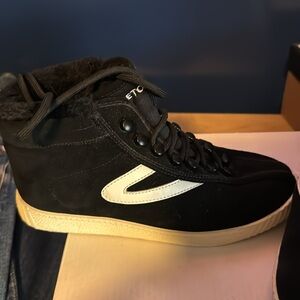 Fuzzy black, #high top #tretorn sneakers size 6 ￼ black, vintage white suede